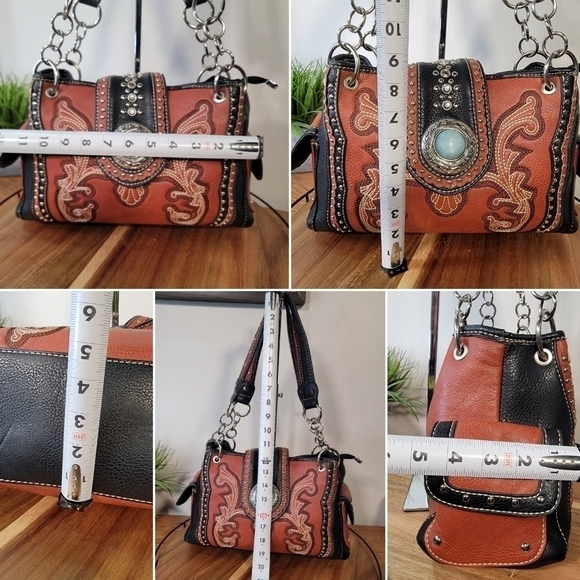 P & G COLLECTION Brown Western Shoulder Bag Embellished Studded - Picture 14 of 17